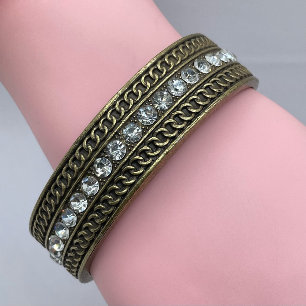 Antique Gold Diamond White Crystal Cuff Bracelet Chain Detail Open Statement